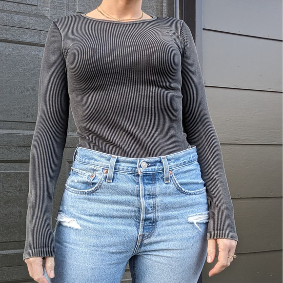 NWT Forever 21 Ribbed Knit Bodysuit Long Sleeve, Charcoal Distressed - Picture 9 of 9